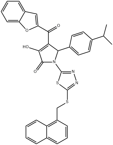 4-(1-benzofuran-2-ylcarbonyl)-3-hydroxy-5-(4-isopropylphenyl)-1-{5-[(1-naphthylmethyl)sulfanyl]-1,3,4-thiadiazol-2-yl}-1,5-dihydro-2H-pyrrol-2-one Struktur