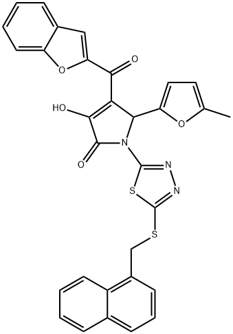 4-(1-benzofuran-2-ylcarbonyl)-3-hydroxy-5-(5-methyl-2-furyl)-1-{5-[(1-naphthylmethyl)sulfanyl]-1,3,4-thiadiazol-2-yl}-1,5-dihydro-2H-pyrrol-2-one Struktur