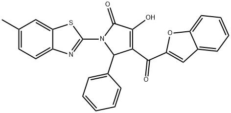 4-(1-benzofuran-2-ylcarbonyl)-3-hydroxy-1-(6-methyl-1,3-benzothiazol-2-yl)-5-phenyl-1,5-dihydro-2H-pyrrol-2-one Struktur