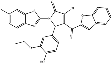 4-(1-benzofuran-2-ylcarbonyl)-5-(3-ethoxy-4-hydroxyphenyl)-3-hydroxy-1-(6-methyl-1,3-benzothiazol-2-yl)-1,5-dihydro-2H-pyrrol-2-one Struktur