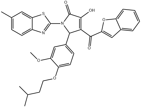 4-(1-benzofuran-2-ylcarbonyl)-3-hydroxy-5-[4-(isopentyloxy)-3-methoxyphenyl]-1-(6-methyl-1,3-benzothiazol-2-yl)-1,5-dihydro-2H-pyrrol-2-one Struktur