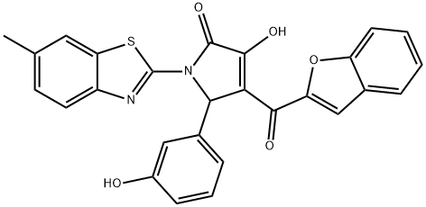 4-(1-benzofuran-2-ylcarbonyl)-3-hydroxy-5-(3-hydroxyphenyl)-1-(6-methyl-1,3-benzothiazol-2-yl)-1,5-dihydro-2H-pyrrol-2-one Struktur