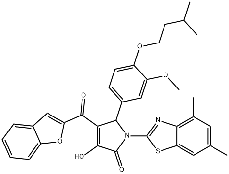 4-(1-benzofuran-2-ylcarbonyl)-1-(4,6-dimethyl-1,3-benzothiazol-2-yl)-3-hydroxy-5-[4-(isopentyloxy)-3-methoxyphenyl]-1,5-dihydro-2H-pyrrol-2-one Struktur