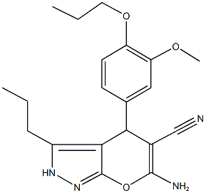 6-amino-4-(3-methoxy-4-propoxyphenyl)-3-propyl-2,4-dihydropyrano[2,3-c]pyrazole-5-carbonitrile Struktur