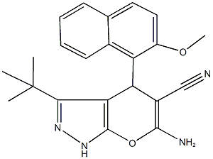 6-amino-3-tert-butyl-4-(2-methoxy-1-naphthyl)-1,4-dihydropyrano[2,3-c]pyrazole-5-carbonitrile Struktur