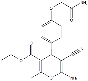 ethyl 6-amino-4-[4-(2-amino-2-oxoethoxy)phenyl]-5-cyano-2-methyl-4H-pyran-3-carboxylate Struktur