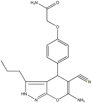 2-[4-(6-amino-5-cyano-3-propyl-2,4-dihydropyrano[2,3-c]pyrazol-4-yl)phenoxy]acetamide Struktur