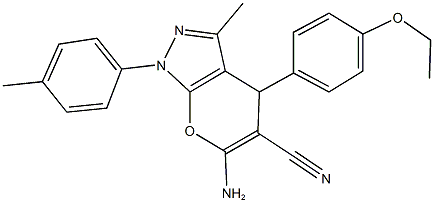 6-amino-4-(4-ethoxyphenyl)-3-methyl-1-(4-methylphenyl)-1,4-dihydropyrano[2,3-c]pyrazole-5-carbonitrile Struktur