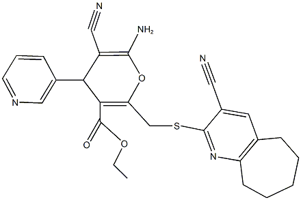 ethyl 6-amino-5-cyano-2-{[(3-cyano-6,7,8,9-tetrahydro-5H-cyclohepta[b]pyridin-2-yl)sulfanyl]methyl}-4-(3-pyridinyl)-4H-pyran-3-carboxylate Struktur