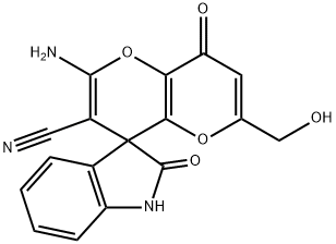 2'-amino-6'-(hydroxymethyl)-2,8'-dioxo-1,3,4',8'-tetrahydrospiro(2H-indole-3,4'-pyrano[3,2-b]pyran)-3'-carbonitrile Struktur