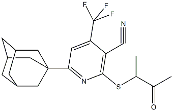 6-(1-adamantyl)-2-[(1-methyl-2-oxopropyl)sulfanyl]-4-(trifluoromethyl)nicotinonitrile Struktur