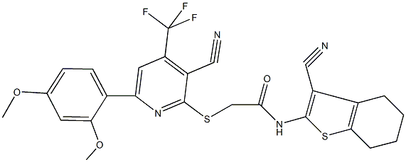 2-{[3-cyano-6-(2,4-dimethoxyphenyl)-4-(trifluoromethyl)-2-pyridinyl]sulfanyl}-N-(3-cyano-4,5,6,7-tetrahydro-1-benzothien-2-yl)acetamide Struktur