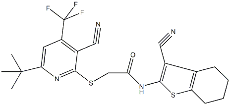 2-{[6-tert-butyl-3-cyano-4-(trifluoromethyl)pyridin-2-yl]sulfanyl}-N-(3-cyano-4,5,6,7-tetrahydro-1-benzothien-2-yl)acetamide Struktur