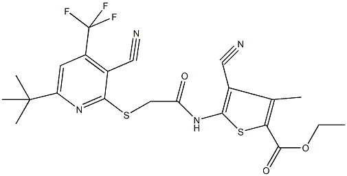 ethyl 5-[({[6-tert-butyl-3-cyano-4-(trifluoromethyl)pyridin-2-yl]sulfanyl}acetyl)amino]-4-cyano-3-methylthiophene-2-carboxylate Struktur