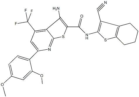 3-amino-N-(3-cyano-4,5,6,7-tetrahydro-1-benzothien-2-yl)-6-(2,4-dimethoxyphenyl)-4-(trifluoromethyl)thieno[2,3-b]pyridine-2-carboxamide Struktur