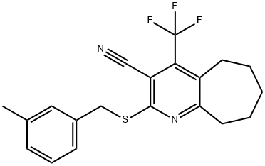 2-[(3-methylbenzyl)sulfanyl]-4-(trifluoromethyl)-6,7,8,9-tetrahydro-5H-cyclohepta[b]pyridine-3-carbonitrile Struktur