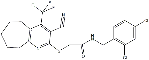 2-{[3-cyano-4-(trifluoromethyl)-6,7,8,9-tetrahydro-5H-cyclohepta[b]pyridin-2-yl]sulfanyl}-N-(2,4-dichlorobenzyl)acetamide Struktur