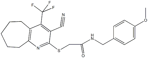 2-{[3-cyano-4-(trifluoromethyl)-6,7,8,9-tetrahydro-5H-cyclohepta[b]pyridin-2-yl]sulfanyl}-N-(4-methoxybenzyl)acetamide Struktur