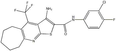 3-amino-N-(3-chloro-4-fluorophenyl)-4-(trifluoromethyl)-6,7,8,9-tetrahydro-5H-cyclohepta[b]thieno[3,2-e]pyridine-2-carboxamide Struktur