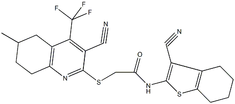 2-{[3-cyano-6-methyl-4-(trifluoromethyl)-5,6,7,8-tetrahydroquinolin-2-yl]sulfanyl}-N-(3-cyano-4,5,6,7-tetrahydro-1-benzothien-2-yl)acetamide Struktur