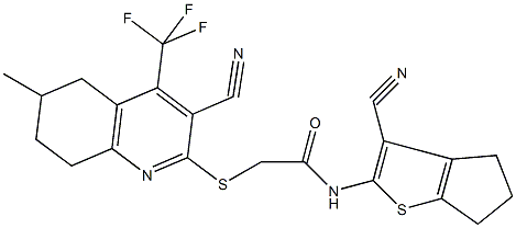 N-(3-cyano-5,6-dihydro-4H-cyclopenta[b]thien-2-yl)-2-{[3-cyano-6-methyl-4-(trifluoromethyl)-5,6,7,8-tetrahydroquinolin-2-yl]sulfanyl}acetamide Struktur