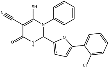 2-[5-(2-chlorophenyl)-2-furyl]-6-mercapto-4-oxo-1-phenyl-1,2,3,4-tetrahydro-5-pyrimidinecarbonitrile Struktur