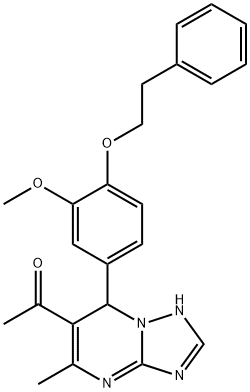 1-{7-[3-methoxy-4-(2-phenylethoxy)phenyl]-5-methyl-4,7-dihydro[1,2,4]triazolo[1,5-a]pyrimidin-6-yl}ethanone Struktur