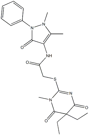 2-[(5,5-diethyl-1-methyl-4,6-dioxo-1,4,5,6-tetrahydro-2-pyrimidinyl)sulfanyl]-N-(1,5-dimethyl-3-oxo-2-phenyl-2,3-dihydro-1H-pyrazol-4-yl)acetamide Struktur