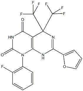 1-(2-fluorophenyl)-7-(2-furyl)-5,5-bis(trifluoromethyl)-5,8-dihydropyrimido[4,5-d]pyrimidine-2,4(1H,3H)-dione Struktur