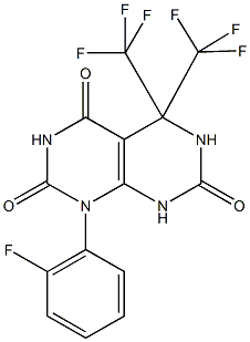 1-(2-fluorophenyl)-5,5-bis(trifluoromethyl)-5,8-dihydropyrimido[4,5-d]pyrimidine-2,4,7(1H,3H,6H)-trione Struktur