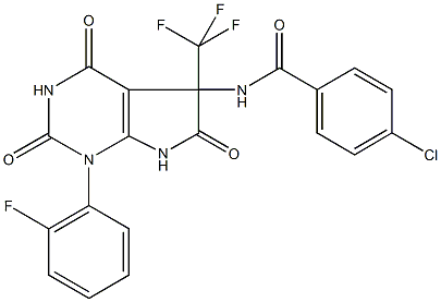 4-chloro-N-[1-(2-fluorophenyl)-2,4,6-trioxo-5-(trifluoromethyl)-2,3,4,5,6,7-hexahydro-1H-pyrrolo[2,3-d]pyrimidin-5-yl]benzamide Struktur