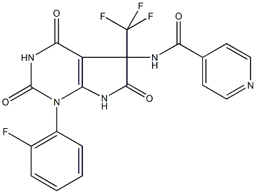 N-[1-(2-fluorophenyl)-2,4,6-trioxo-5-(trifluoromethyl)-2,3,4,5,6,7-hexahydro-1H-pyrrolo[2,3-d]pyrimidin-5-yl]isonicotinamide Struktur