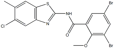 3,5-dibromo-N-(5-chloro-6-methyl-1,3-benzothiazol-2-yl)-2-methoxybenzamide Struktur