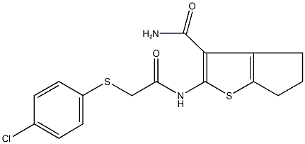 2-({[(4-chlorophenyl)sulfanyl]acetyl}amino)-5,6-dihydro-4H-cyclopenta[b]thiophene-3-carboxamide Struktur