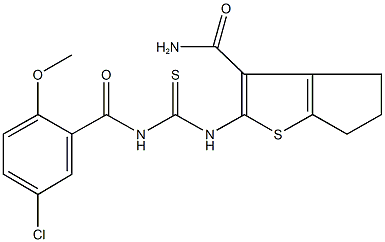 2-({[(5-chloro-2-methoxybenzoyl)amino]carbothioyl}amino)-5,6-dihydro-4H-cyclopenta[b]thiophene-3-carboxamide Struktur