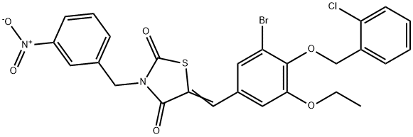 5-{3-bromo-4-[(2-chlorobenzyl)oxy]-5-ethoxybenzylidene}-3-{3-nitrobenzyl}-1,3-thiazolidine-2,4-dione Struktur