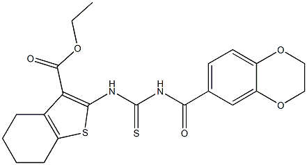 ethyl 2-({[(2,3-dihydro-1,4-benzodioxin-6-ylcarbonyl)amino]carbothioyl}amino)-4,5,6,7-tetrahydro-1-benzothiophene-3-carboxylate Struktur