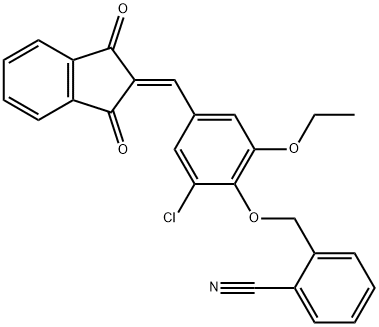 2-({2-chloro-4-[(1,3-dioxo-1,3-dihydro-2H-inden-2-ylidene)methyl]-6-ethoxyphenoxy}methyl)benzonitrile Struktur