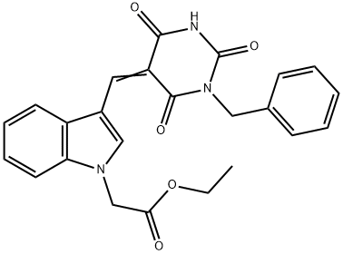 ethyl {3-[(1-benzyl-2,4,6-trioxotetrahydro-5(2H)-pyrimidinylidene)methyl]-1H-indol-1-yl}acetate Struktur