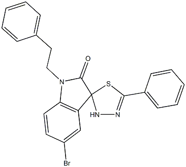 5-bromo-5'-phenyl-1-(2-phenylethyl)-1,2',3,3'-tetrahydrospiro(2H-indole-3,2'-[1,3,4]-thiadiazole)-2-one Struktur