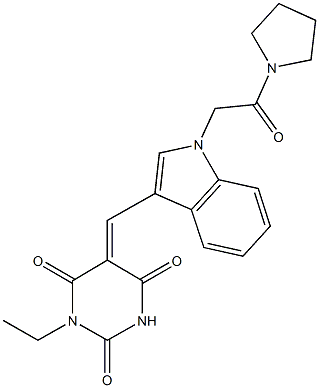 1-ethyl-5-({1-[2-oxo-2-(1-pyrrolidinyl)ethyl]-1H-indol-3-yl}methylene)-2,4,6(1H,3H,5H)-pyrimidinetrione Struktur