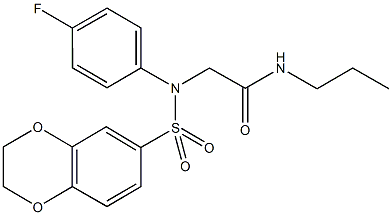 2-[(2,3-dihydro-1,4-benzodioxin-6-ylsulfonyl)-4-fluoroanilino]-N-propylacetamide Struktur