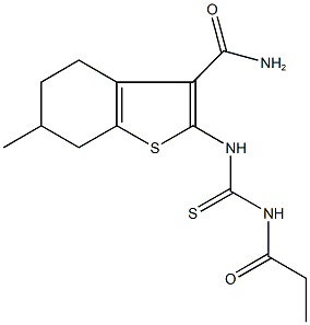 6-methyl-2-{[(propionylamino)carbothioyl]amino}-4,5,6,7-tetrahydro-1-benzothiophene-3-carboxamide Struktur