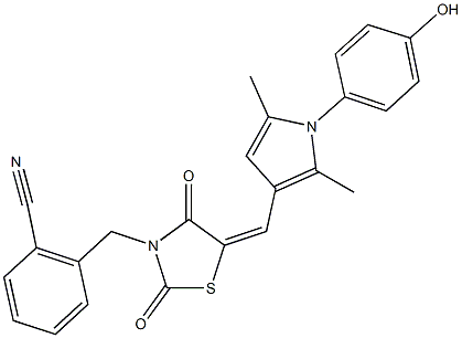 2-[(5-{[1-(4-hydroxyphenyl)-2,5-dimethyl-1H-pyrrol-3-yl]methylene}-2,4-dioxo-1,3-thiazolidin-3-yl)methyl]benzonitrile Struktur