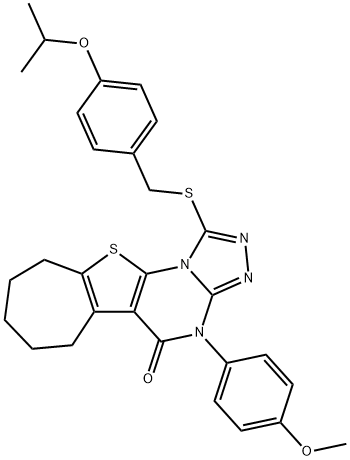 1-[(4-isopropoxybenzyl)sulfanyl]-4-(4-methoxyphenyl)-7,8,9,10-tetrahydro-6H-cyclohepta[4,5]thieno[3,2-e][1,2,4]triazolo[4,3-a]pyrimidin-5(4H)-one Struktur