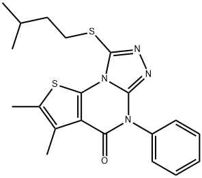 8-(isopentylsulfanyl)-2,3-dimethyl-5-phenylthieno[3,2-e][1,2,4]triazolo[4,3-a]pyrimidin-4(5H)-one Struktur