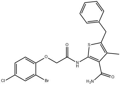 5-benzyl-2-{[(2-bromo-4-chlorophenoxy)acetyl]amino}-4-methyl-3-thiophenecarboxamide Struktur