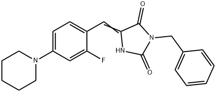 3-benzyl-5-[2-fluoro-4-(1-piperidinyl)benzylidene]-2,4-imidazolidinedione Struktur