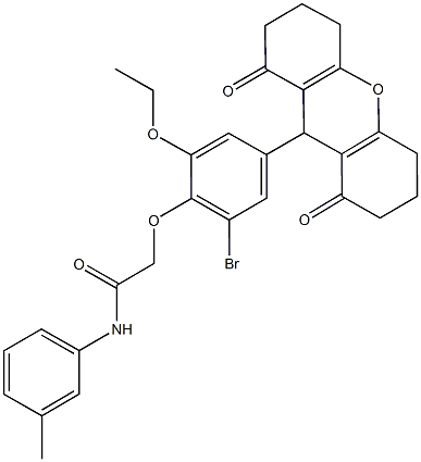 2-[2-bromo-4-(1,8-dioxo-2,3,4,5,6,7,8,9-octahydro-1H-xanthen-9-yl)-6-ethoxyphenoxy]-N-(3-methylphenyl)acetamide Struktur