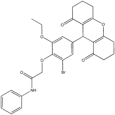 2-[2-bromo-4-(1,8-dioxo-2,3,4,5,6,7,8,9-octahydro-1H-xanthen-9-yl)-6-ethoxyphenoxy]-N-phenylacetamide Struktur